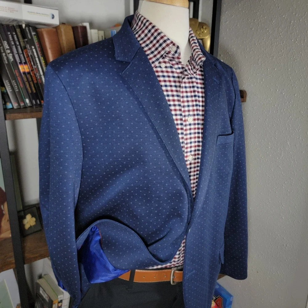 Ben Sherman Tailoring Mens Sport Coat Blazer Two Button Navy Blue Poly Blend 48L